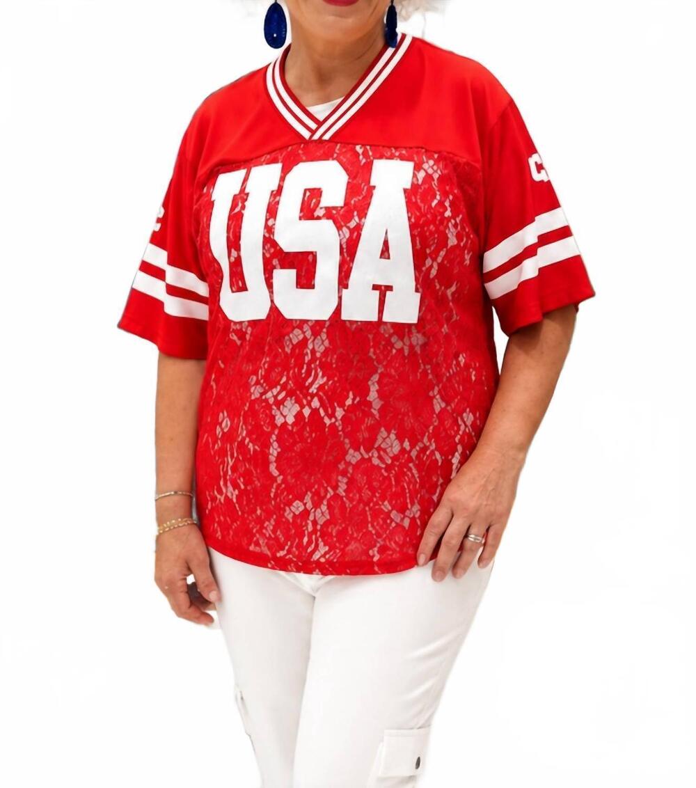 NEW GRACE + EMMA usa lace jersey shirt in red